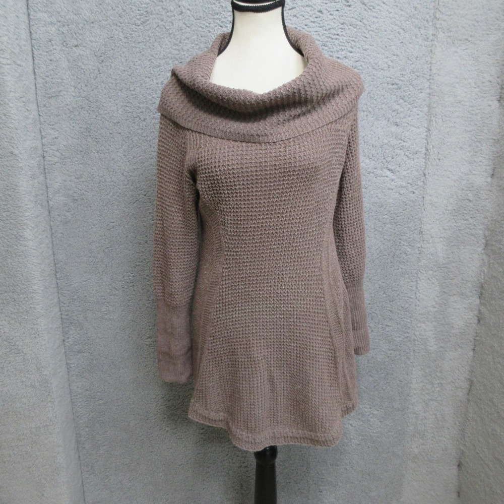 Angel of the North Waffle Knit Sweater Womens Small Petite Taupe Cowl Neck Tunic